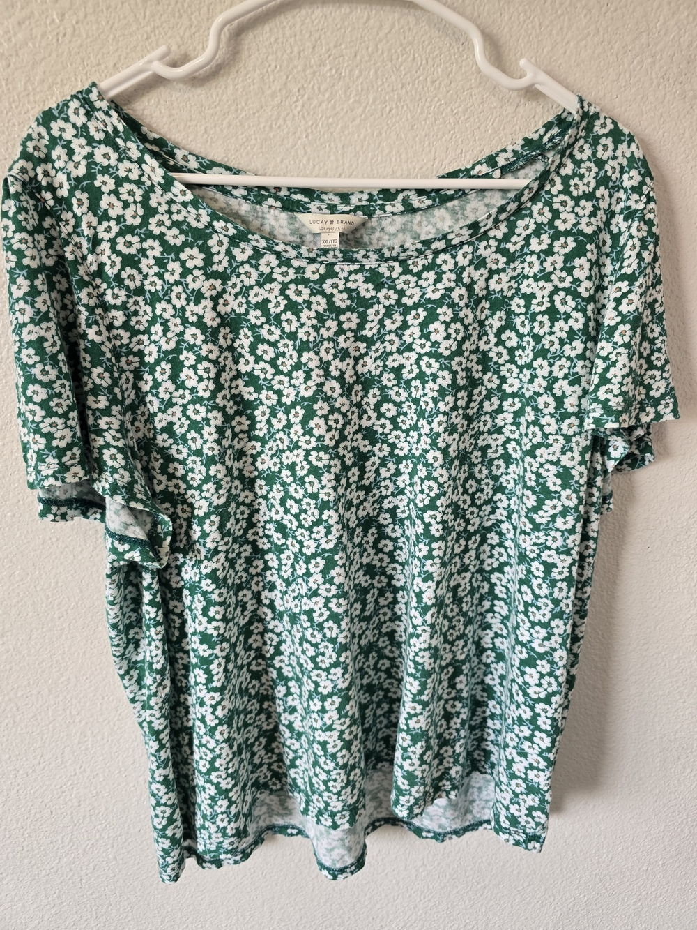 Lucky Brand Women's Green/White Floral Short Sleeve Cotton Blend T-Shirt XXL